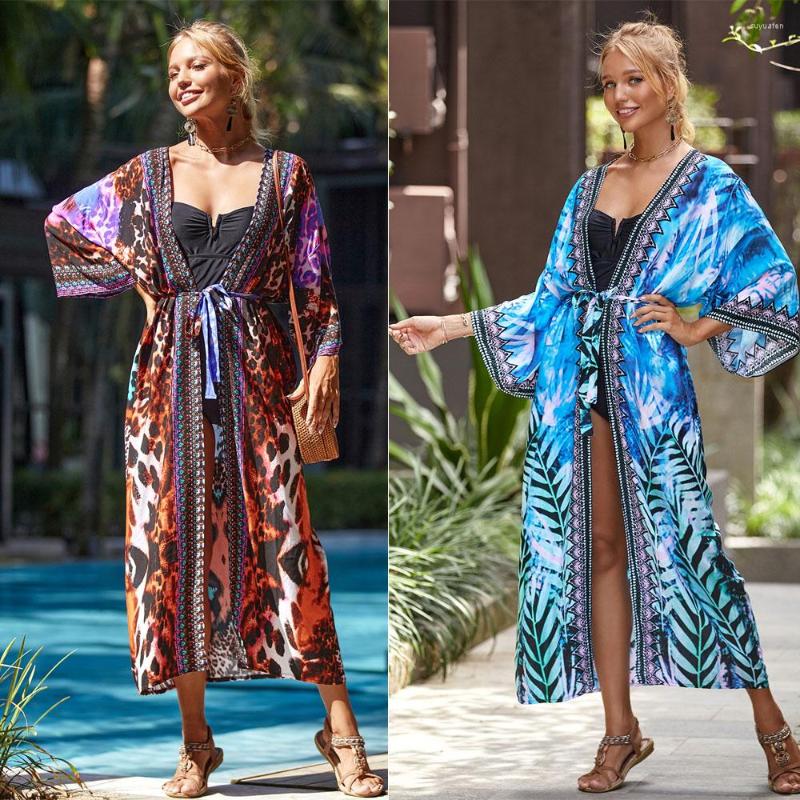 

Women's Swimwear Boho Printed Kimono Dress Tunic Women Summer Beach Long Sleeve Bikini Wrap Wear Swim Suit Cover Up, 12