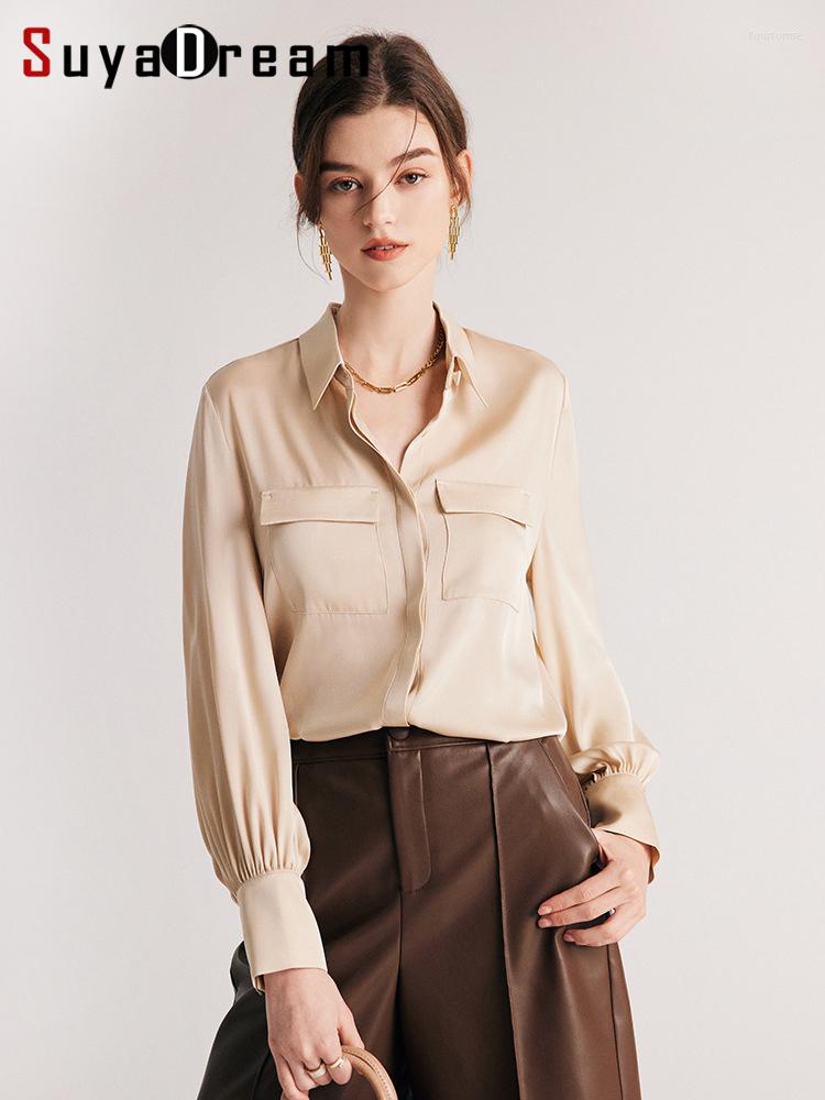 

Women' Blouses SuyaDream Woman Dress Shirts 90%Silk 10%Spandex Chest Pockets Solid Chic 2023 Spring Summer Office Lady Top, Khaki
