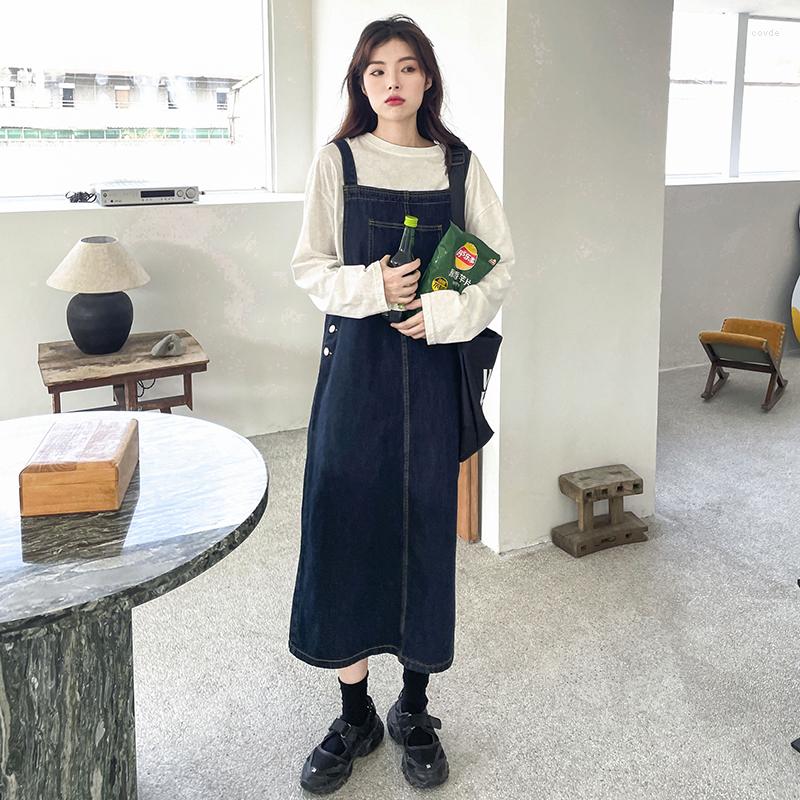 

Casual Dresses Women's Dark Blue Denim Suspender Skirt For Younger Students Loose Slimming And All-Matching Mid-Length Dress Fashion Ins, Deep blue