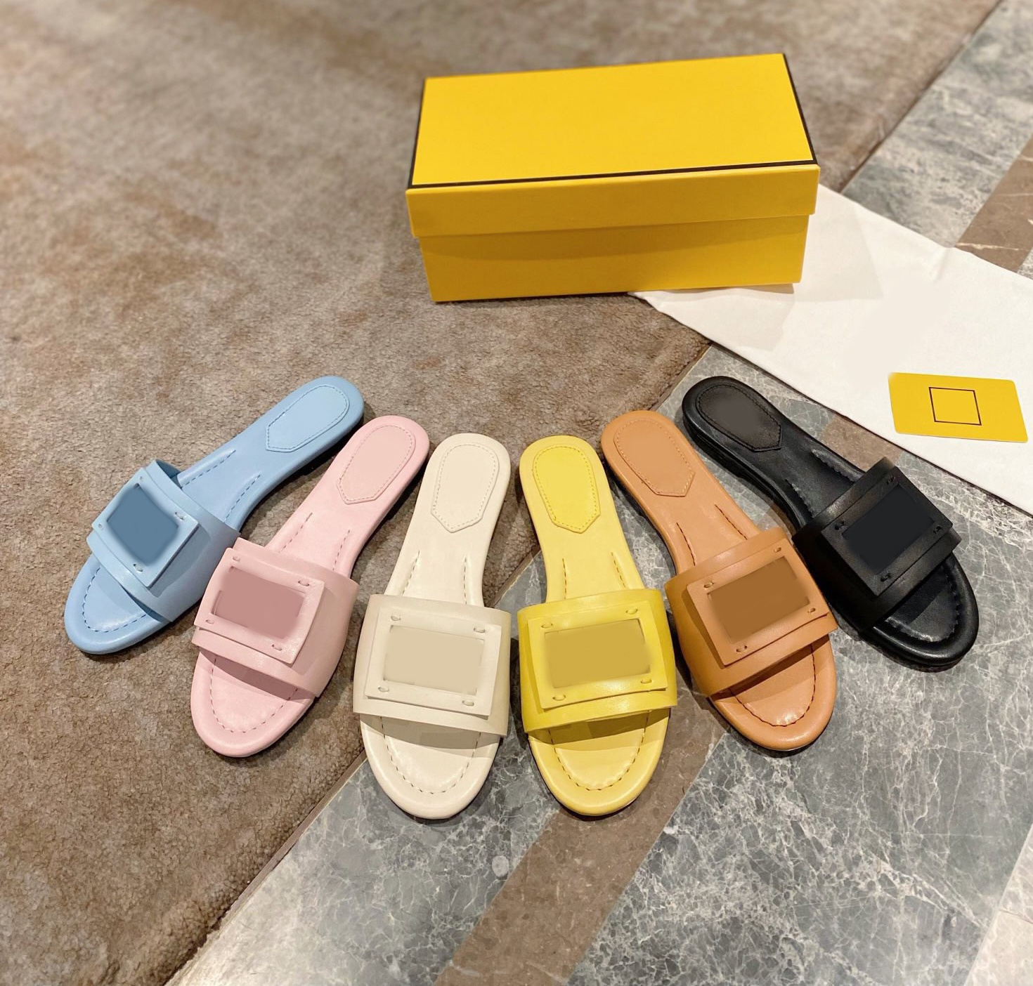 

top quality Slippers F- Baguette Designer Sandals Shoes Wide-band Slides Flats gold Calfskin Leather Outdoor Women flats outdoor beach slip on Comfort Walking EU35-42, S41902