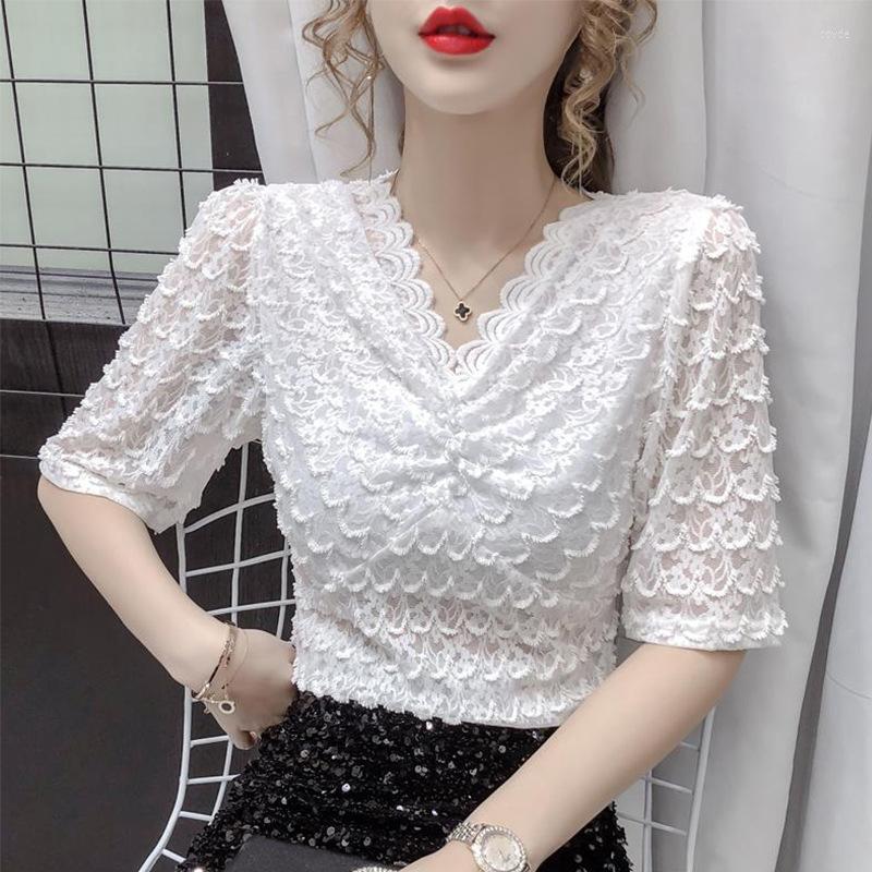

Women's Blouses For Women Fashion 2023 Beautiful Women's In Promotions Lace Half Sleeve Shirt Cutout V-Neck Top Sexy, White