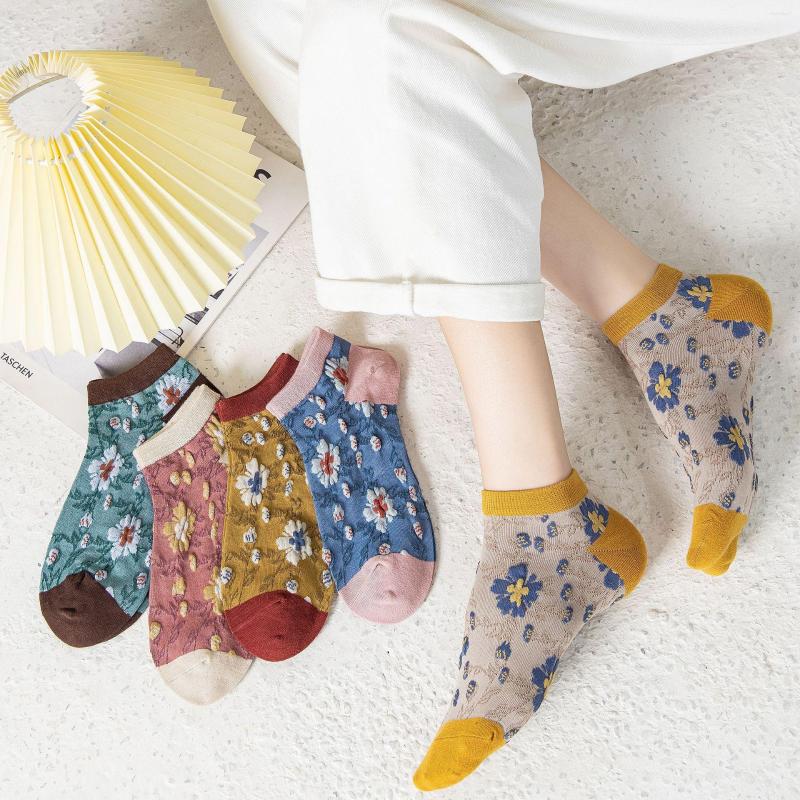 

Women Socks Vintage Boat Cotton Floral Ladies Short Tube Ankle, Picture 5 pairs