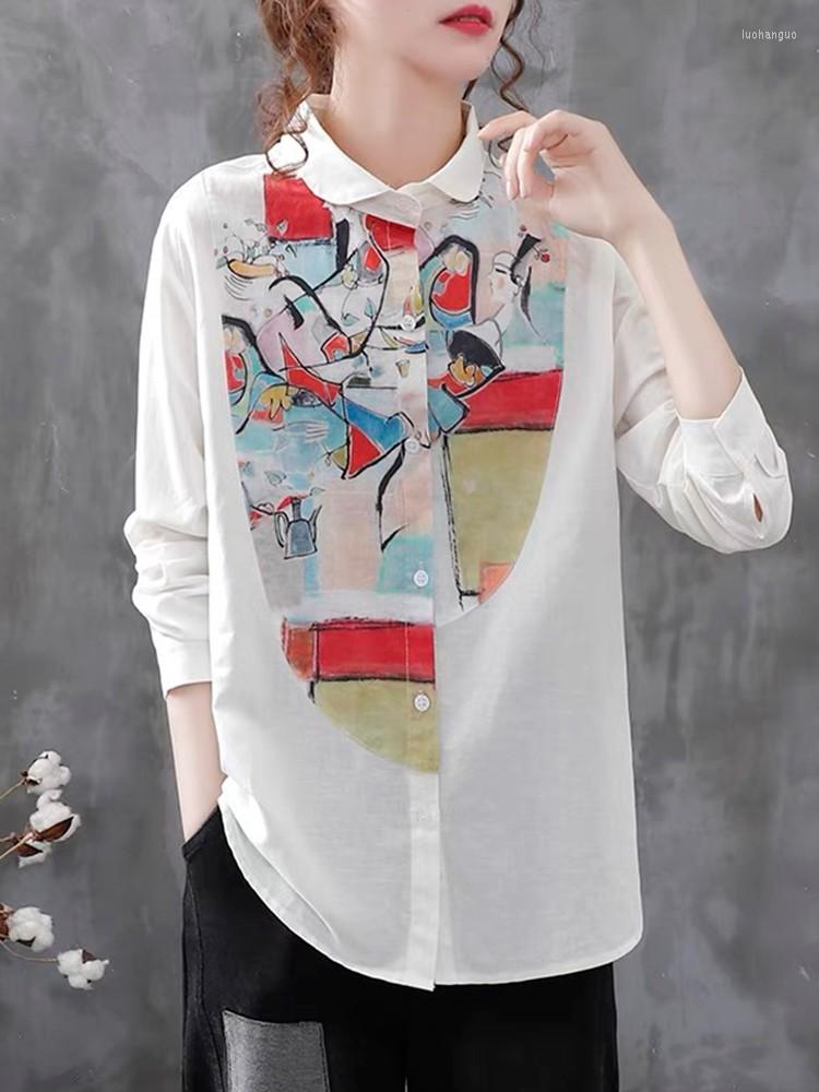 

Women's Blouses Women Cotton Linen Casual Shirts Arrival 2023 Spring Vintage Style Cartoon Print Loose Female Long Sleeve Tops Shirt B1715, Photo color