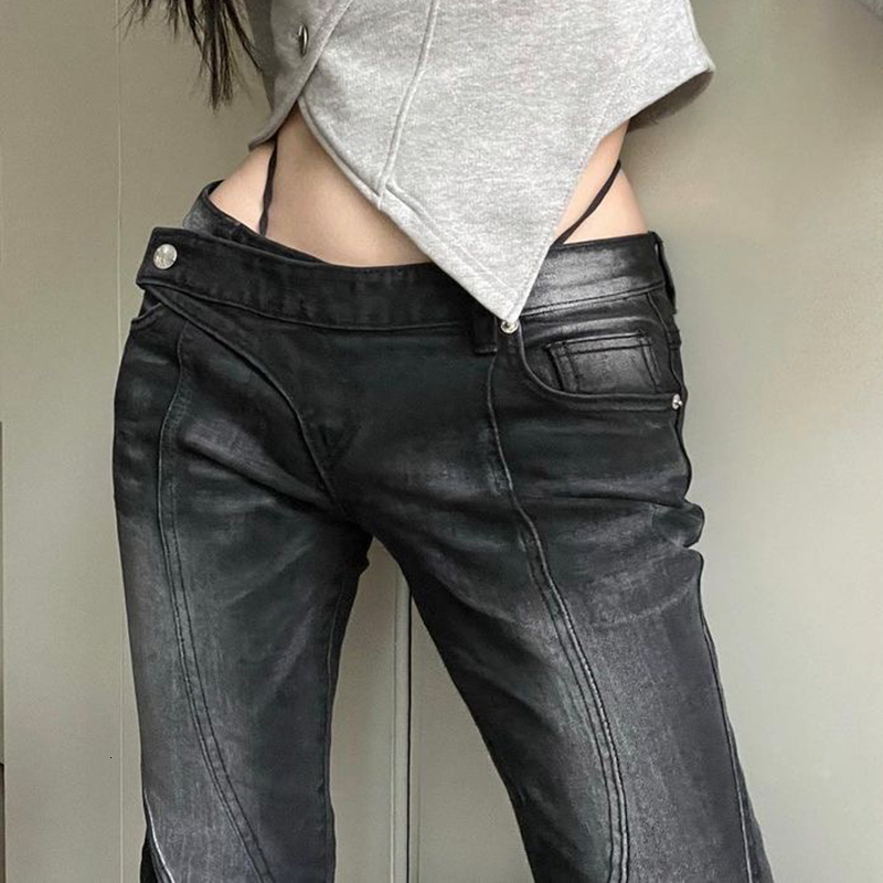 

Women  Jeans Vintage Distressed Low Waist Sexy Slim Casual Women 2023 Spring Korean Street Style Pleated All match Wide Leg Pants 230420, Light blue-gray