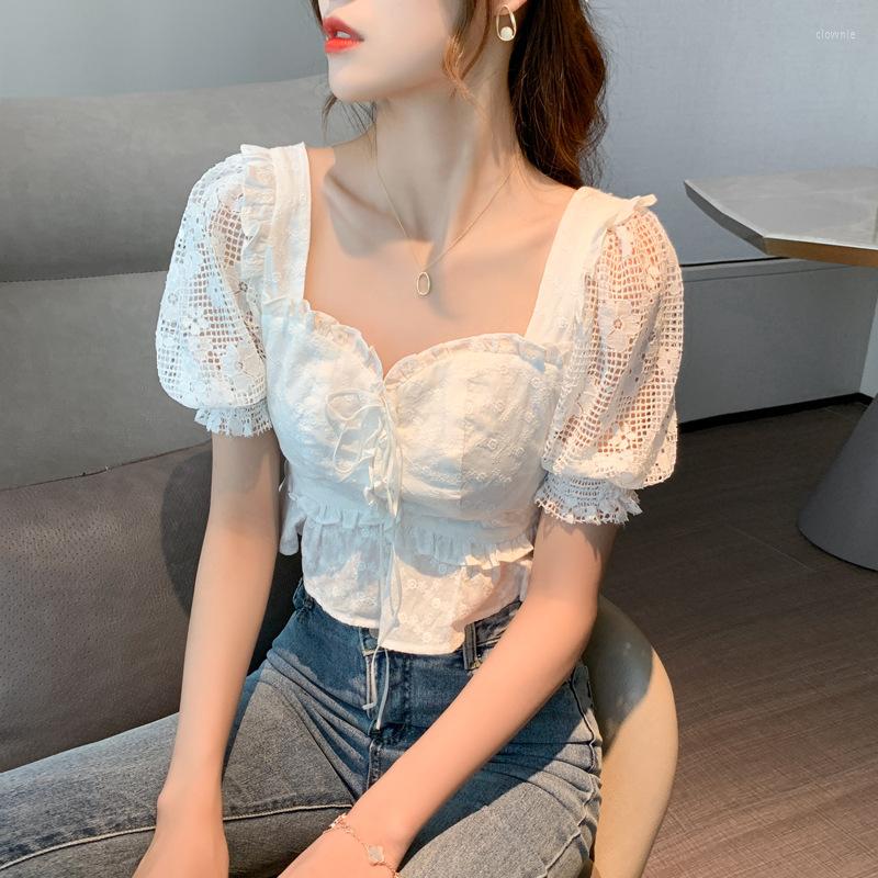 

Women' Blouses Elegant White Lace Crop Top Women Vintage Blouse Korean Puff Sleeve Short Hollow Out Ruffles Up