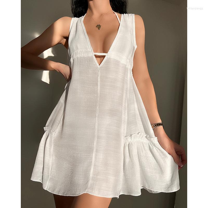 

Women' Swimwear Vacation Outfits For Women 2023 Neck Skirt Back Strap Hollow Out Brief Smock Dress Beach Print Polyester Pareo Summer, White