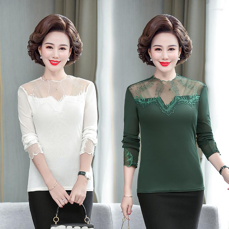 

Women's Blouses Hollow Out Women Spring Autumn Style Lace Shirts Casual Long Sleeve Patchwork Spliced O-neck Blusas Tops -5XL, Green
