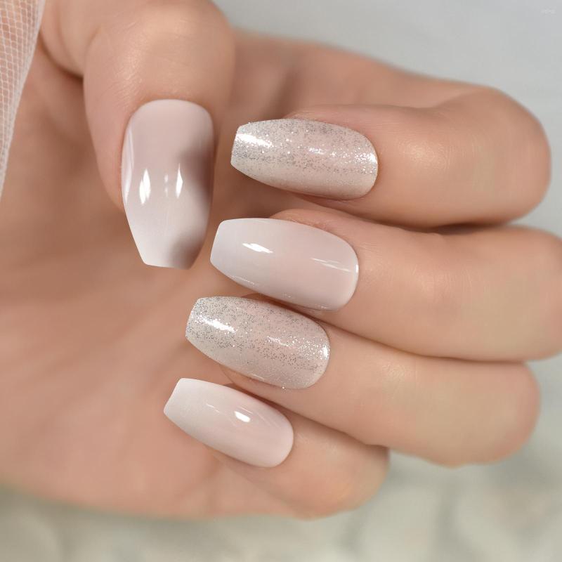 

False Nails Nude Gradient Ombre Coffin Shape Press On White Tips Designed Silver Glitter Decorative Faux Ongles 24, L6398