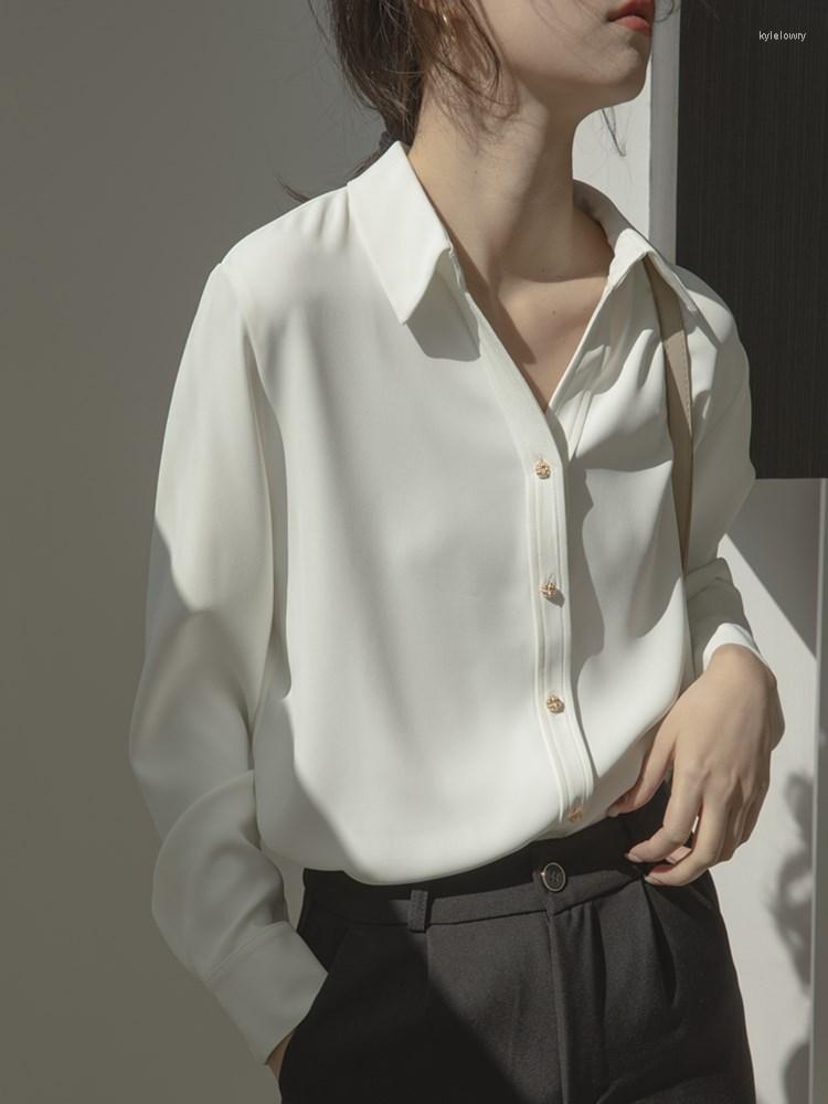 

Women' Blouses Elegant Women Satin Blouse Fashion Lapel V-neck White Shirt Ladies Spring Autumn Long Sleeve Work Tops