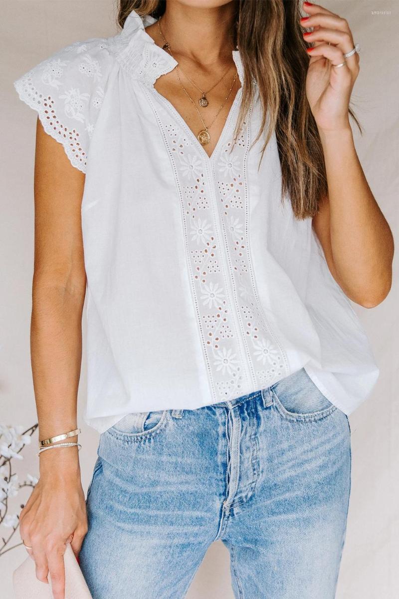 

Women' Tanks White Embroidered Eyelet Cap Sleeves Top Women Summer Casual Sweet Tank Tops