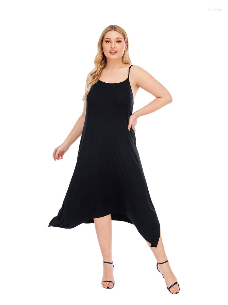 

Plus Size Dresses Sling Modal Irregular Long Dress Large Print Fat MM Loose Slim, Black
