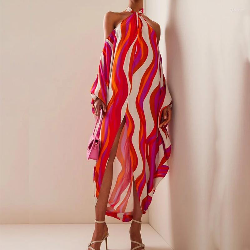 

Casual Dresses Fashion Striped Irregular Long Dress Sexy Off Shoulder Sleeve Party Women Elegant Hanging Neck Tie-up Backless, 02 red