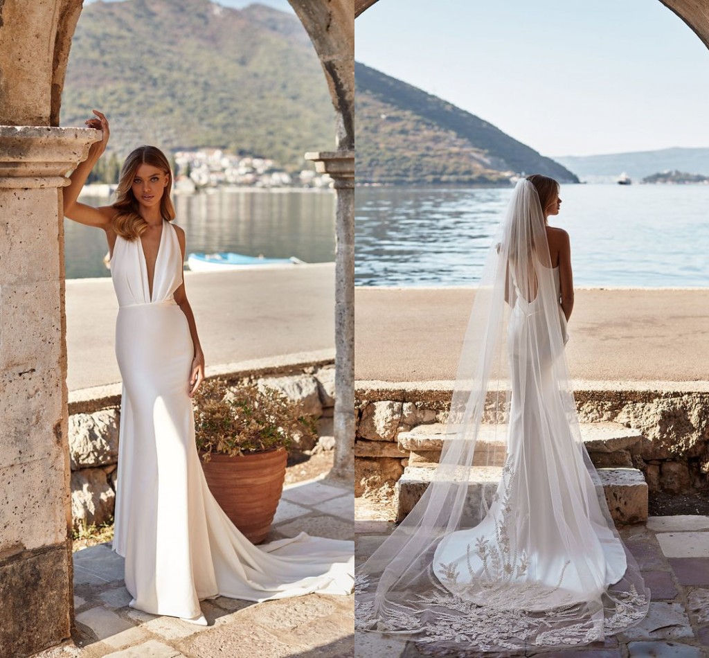 

Sexy Simple Mermaid Wedding Dress Deep V Neck Pleats Backless Satin Court Train Garden Bridal Gown Second Reception Dresses Vestidos De Noiva Custom Made MN014, Same as image