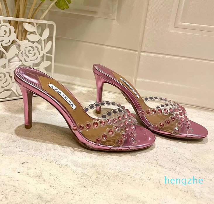 

crystal embellished strap high-heeled slippers Rhinestone house slippers heeled sandals 35-42 With box, Blue