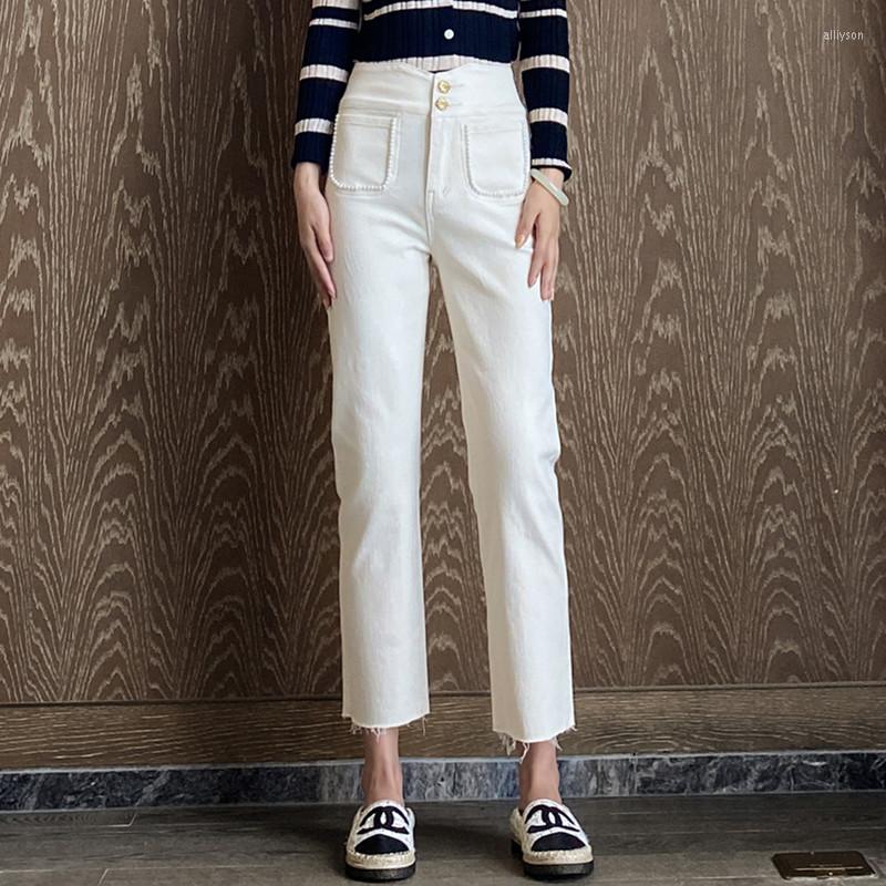 

Women' Jeans White High Waist Straight For Women Pockets Pearl Denim Ankle-length Harem Pants Korean Buttons Loose Trousers Jean 6005
