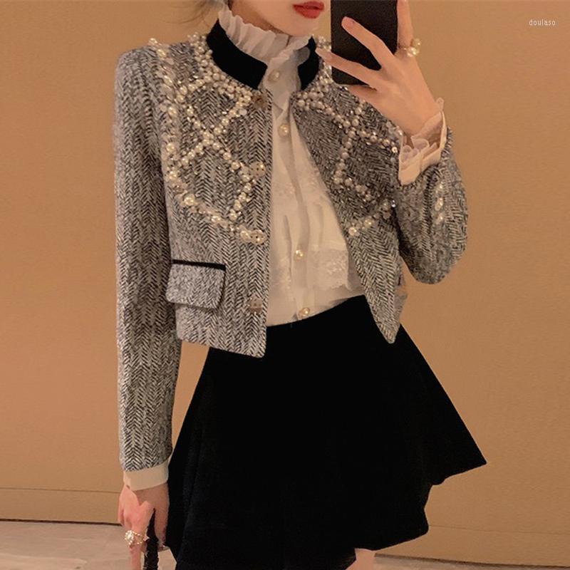 

Women' Jackets 2023 Fashion All Season Womens Full Sleeve Sequins Pockets Beading Diamonds Spliced Jacket Tweed Casual Outerwear Coat, Gray