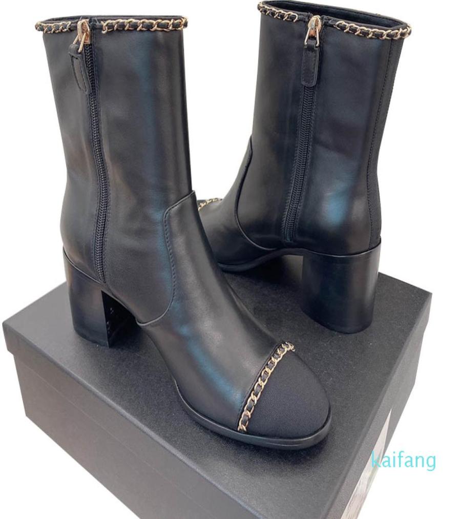 

Fall Winter Womens Ankle Boots Classic Black Shoe With Chain Chunky Heel 7cm 3cm Designer Retro Round Toe Lambskin Knight Rainboo9219852