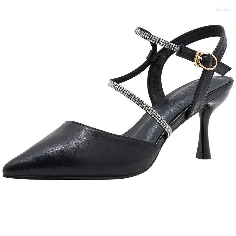 

Sandals 2023 Summer Pointed Stiletto Heels Large Size 30-44 Rhinestone Buckle Women Black Shoes High, 5cm heel