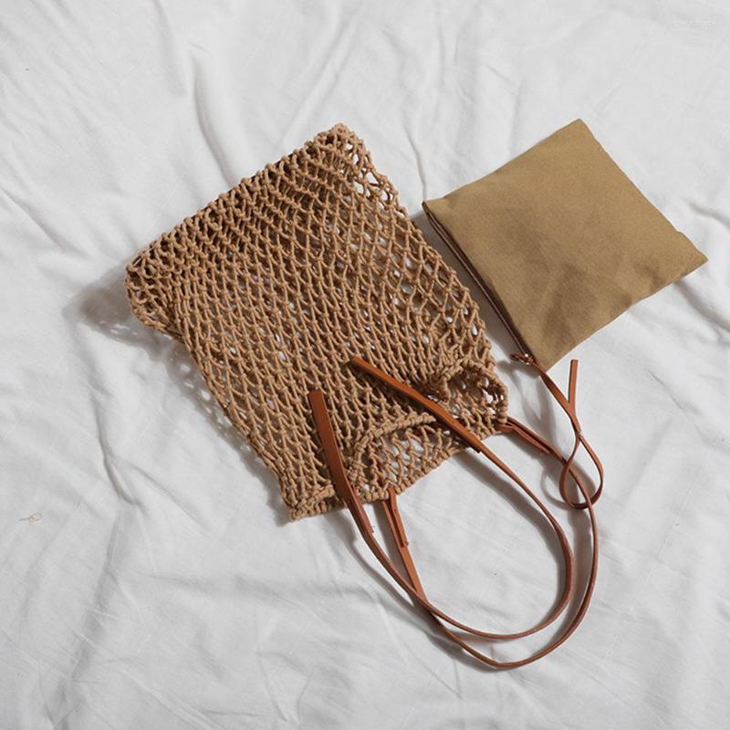 

Evening Bags Straw Shoulder Bag Beach Womens Hollow Woven Summer Cotton Mesh Shopping Handbag, Black