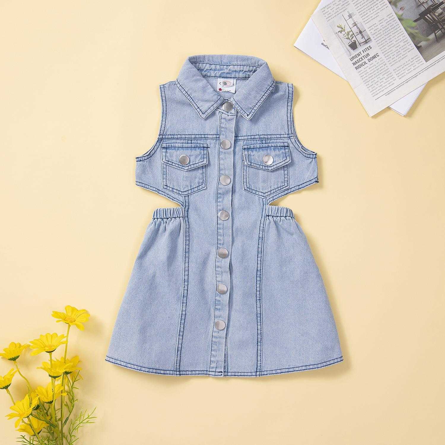 

Trendy Children Shirt Summer Girls Sleeveless Loose Dress Denim Skirt, 223009