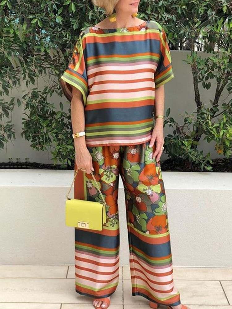 

Pants Women Summer Tracksuits ZANZEA Kaftan Printed Matching Sets Short Sleeve Striped Blouse Casual Pants Female Holiday 2PCS Tunic, Colorful