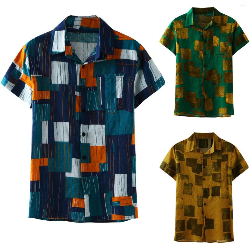 

Men's T Shirts Large Short Sleeve Collar Stripe Shirt Casual Print Men's Turn-Down Button Splice Men Mock Turtleneck Pattern, Green