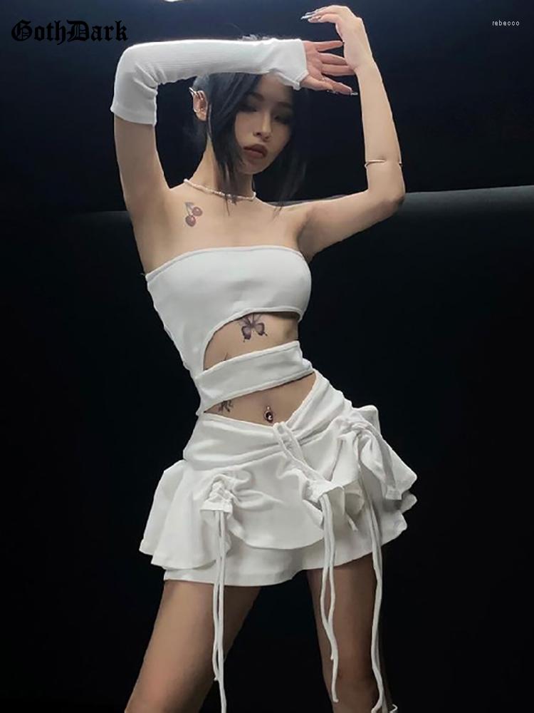 

Casual Dresses Goth Dark Hollow Out Sexy White Y2k Mini Fairycore Elf Aesthetic Cute Strapless Dress Women Drawstring Outfit With Glove