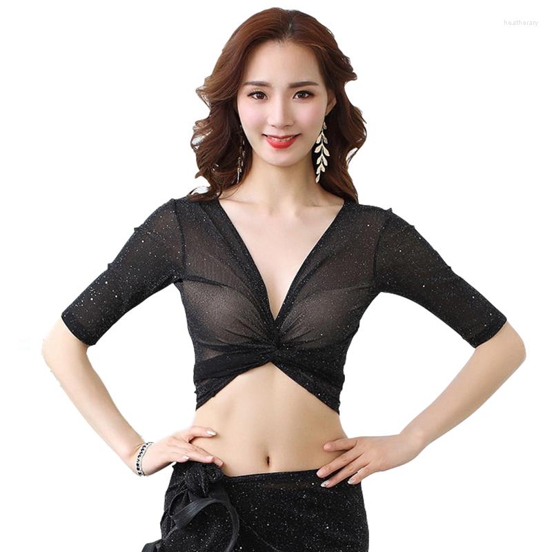 

Stage Wear 2023 Belly Dance Clothing Women Sexy Top Front Cross Crop Halter Deep V Neck Bellydance Elastic Class Accessories, Black