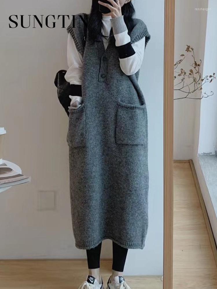 

Women's Vests Long Sweater Vest Women V-neck Button Pockets Knitted Pullover Waistcoat 2023 Fall Winter Warm Sleeveless Jacket Female, Black