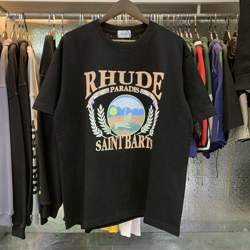 

Designer Fashion Clothing Tees Hip hop TShirts Rhude Sunset Beach Comfortable Pattern Printing Pure Cotton Casual Loose T-shirt men women Summer Loose Streetwear, Black
