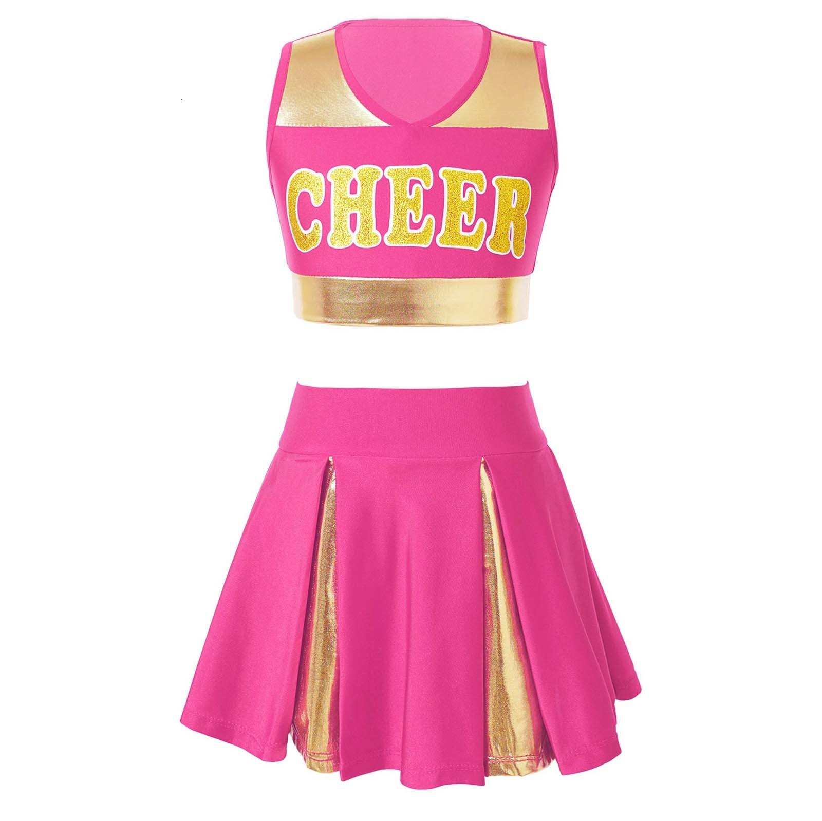 

Cheerleading Kids Girls Cheer Uniform Cheerleader Dance Costume Sleeveless V Neckline Letter Print Crop Top with Elastic Waistband Skirt 230420