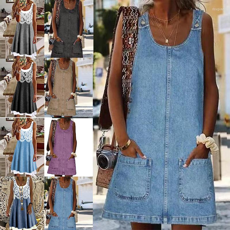 

Casual Dresses 2023 Sumerm Women Fashion Sexy Mini Dress Pullover Faux Denim Girls Solid Color Suspender, Black