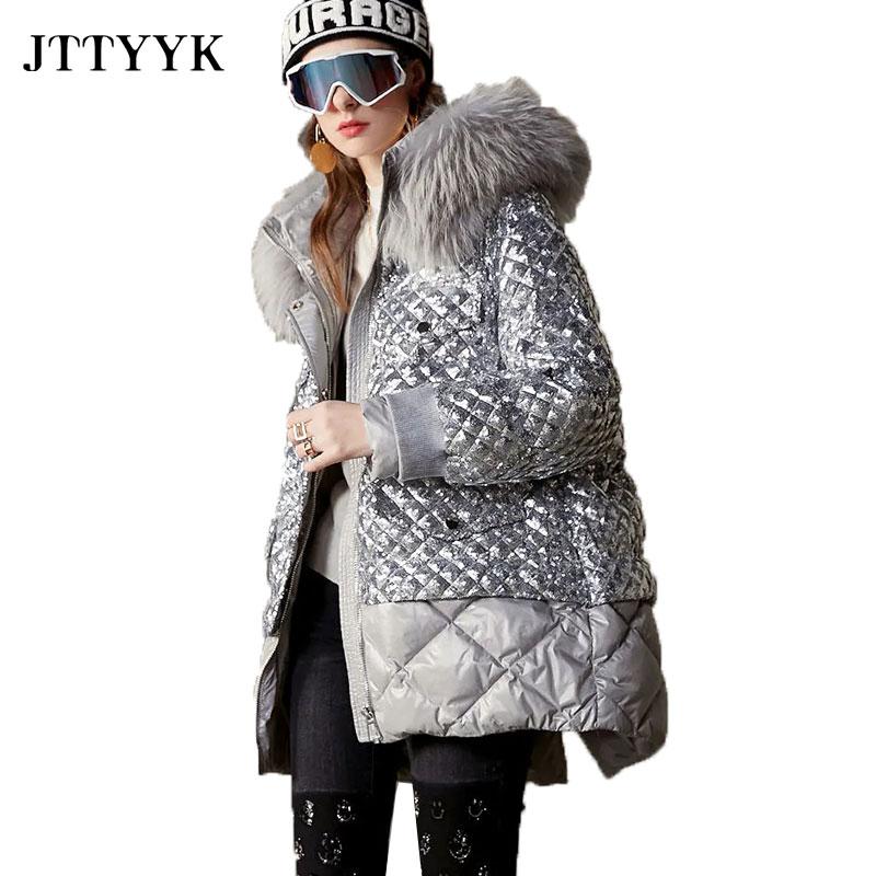 

Parkas 2022 Winter Clothes Women Down Coats Thick Sequin Stitching Fashion Warm Outwear Hooded Mid Long Ladies Puffer Jacket Parkas, Gray