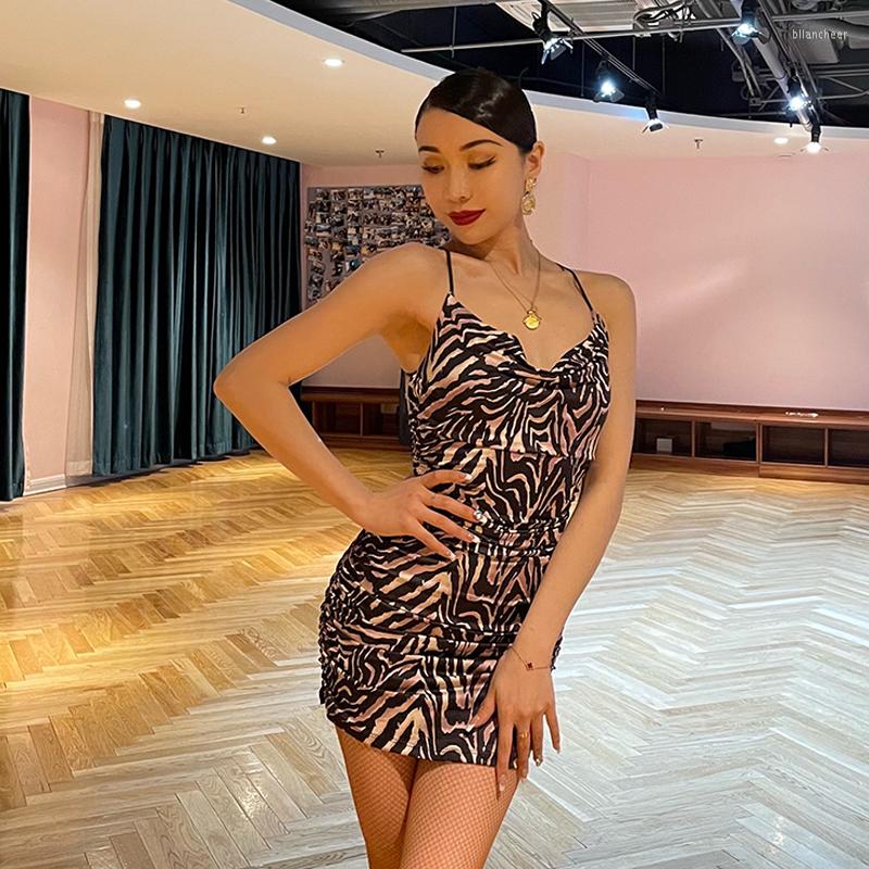 

Stage Wear Ladies Latin Dance Practice Clothes Sexy Suspenders Zebra Print Tops Short Skirt Suit Performance Costumes DQS9242, Picture shown