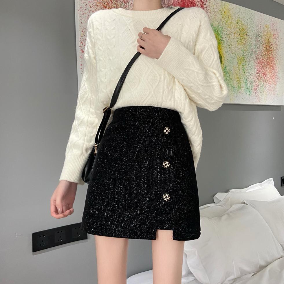 

Dresses Black Sequins Mini Skirts Women High Waist Tweed Pencil Skirt Harajuku Buttons Elegant Office Lady Notched Slim Zipper M264