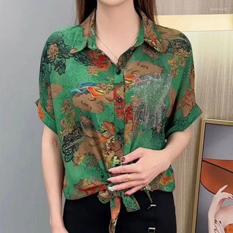 

Women's Blouses Fashion Loose Women Shirt Summer Short Sleeves Casual Shirts Female Elegant Printed Tops Ladies And Oversized G215, Green