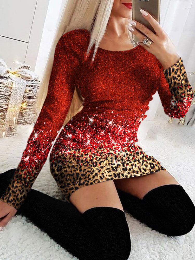 

Casual Dresses Women Long Sleeve Bodycon Dress Leopard Sexy Glitter Party Club Cocktail Short 2023 Year, Red