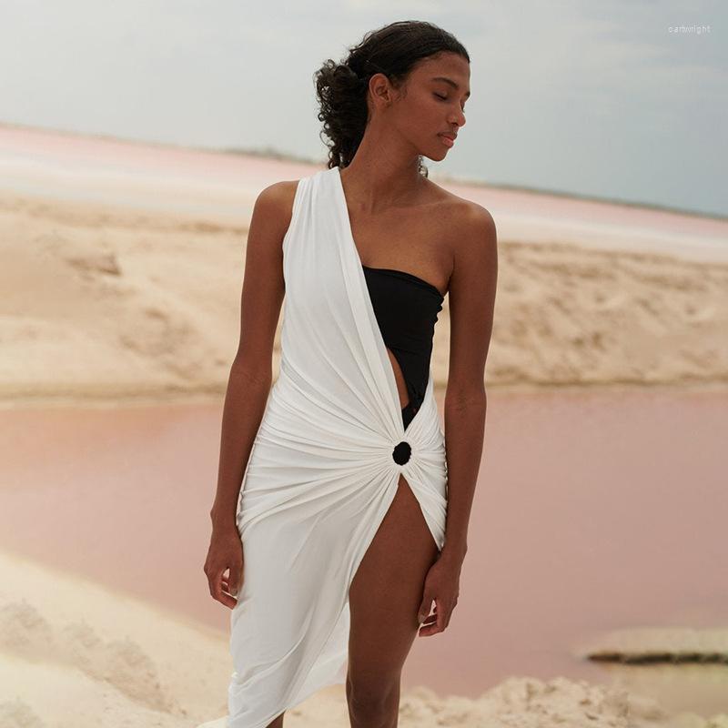 

Casual Dresses Hollow Out Women Mini Beach Dress White Black One Shoulder Sleeveless Summer Y2k Sexy Bodycon Elegant Party Nightclub