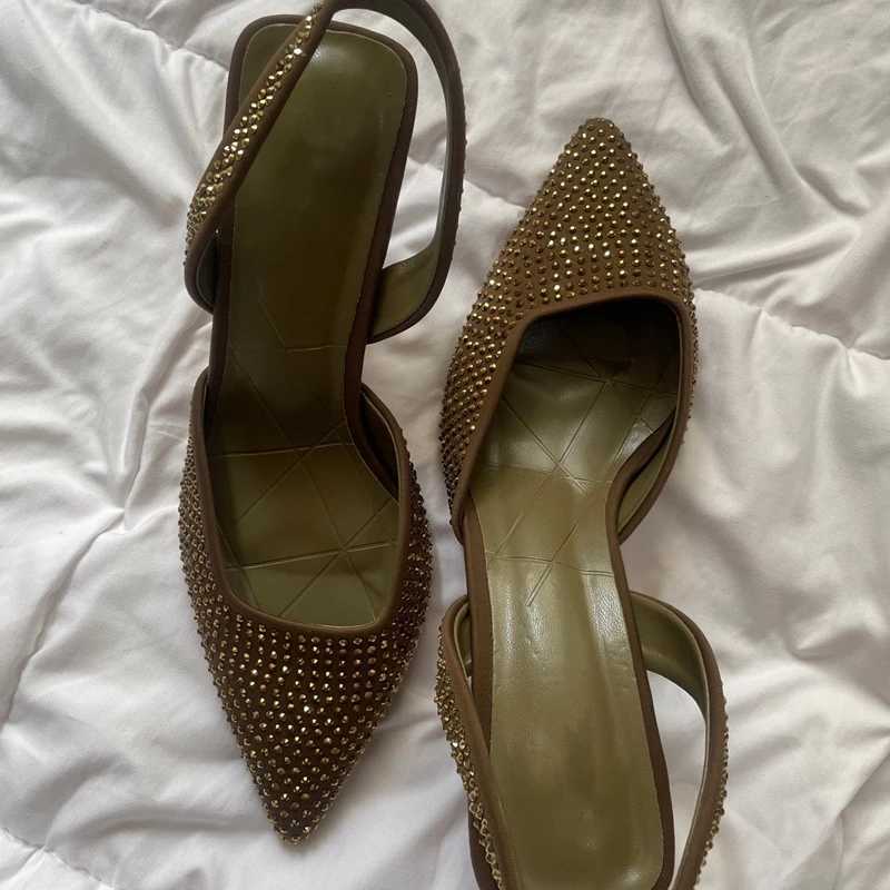

Nxy Sandals Women Luxury High Heels Gold Rhinestone Pumps Woman Shimmery Slingback Heeled Ladies Pointed Toe Party 230406