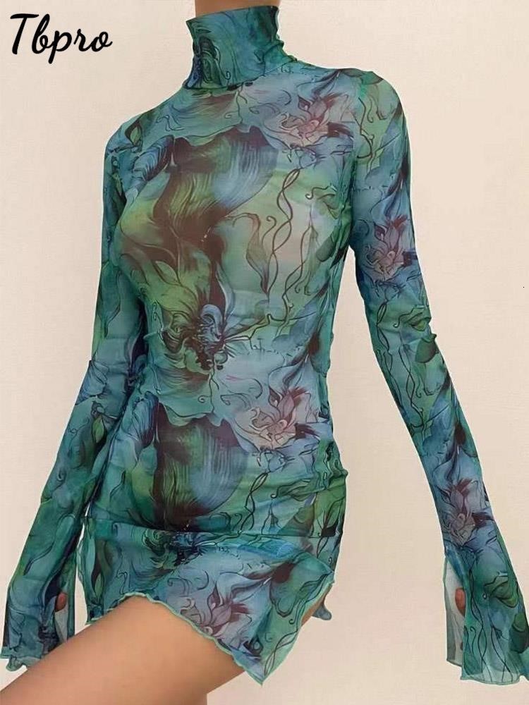 

Casual Dresses Fashion Printing High Neck Buttock Sexy Mini Dres Flare Sleeve Mesh Vestidos 2023 Summer Chic Party Club Robe 230420, Camel