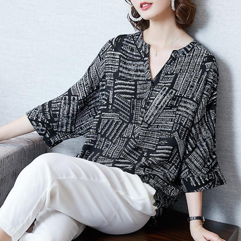 

Women's Blouses Stylish V-Neck Button Printed Loose Irregular Blouse Women Clothing 2023 Spring Oversized Casual Pullovers Korean Shirt, Black