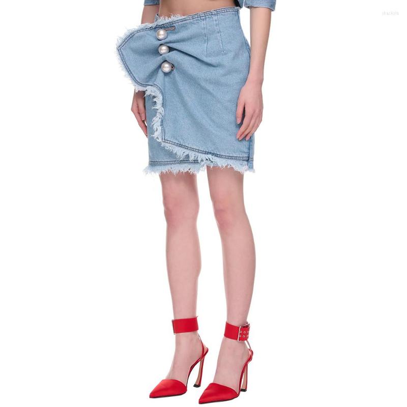 

Skirts 2023 Spring And Summer Women' Skirt Y2k Pearl Buttons Irregular Pleated Burlap Wrap Around Design Cotton Denim Mini, Blue