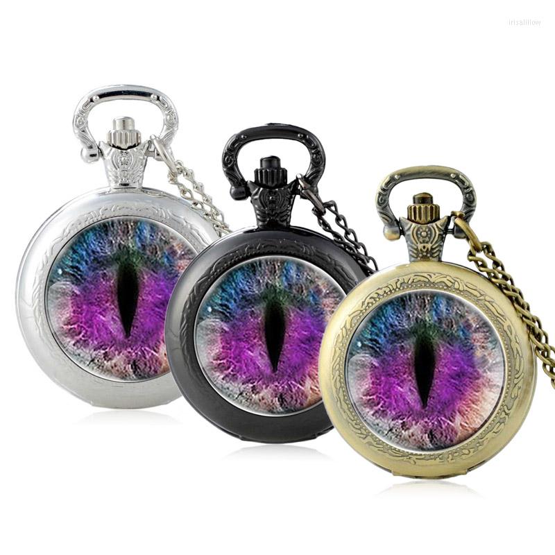 

Pocket Watches Classic Mysterious Dragon Eyes Design Glass Cabochon Quartz Watch Vintage Men Women Pendant Necklace Chain Clock, Black