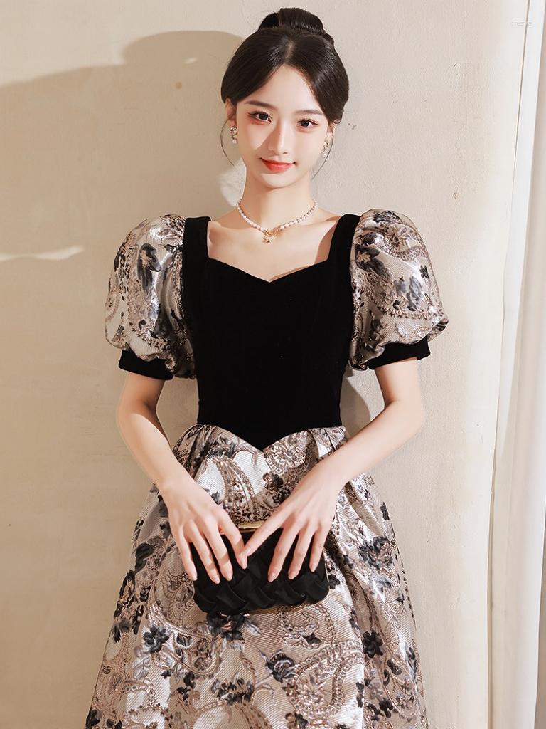 

Runway Dresses Vintage Celebrity Dress Print Applique Square Collar Puff Sleeve A Line Floor-Length Zipper Wedding Party Prom Gowns Woman, Picture color
