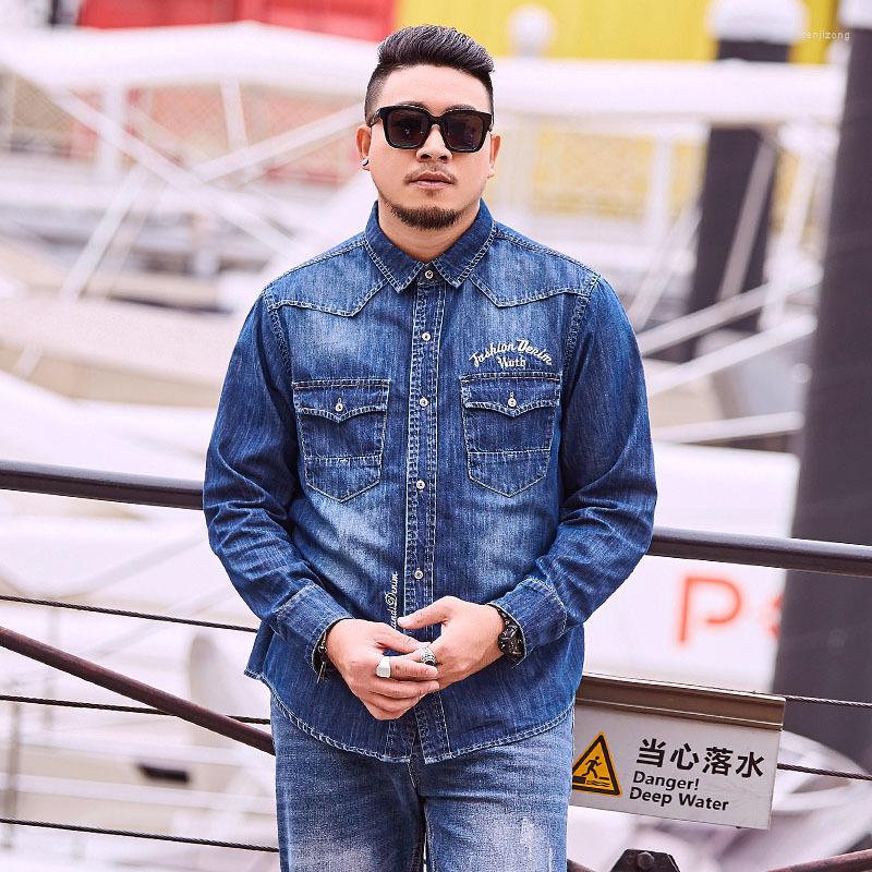 

Men's Casual Shirts Plus Size 8XL 6XL 5XL 2023 Spring Autumn Denim Men Loose Fit Brand Clothing Big Large Solid Cotton Shirt, N128 dark blue