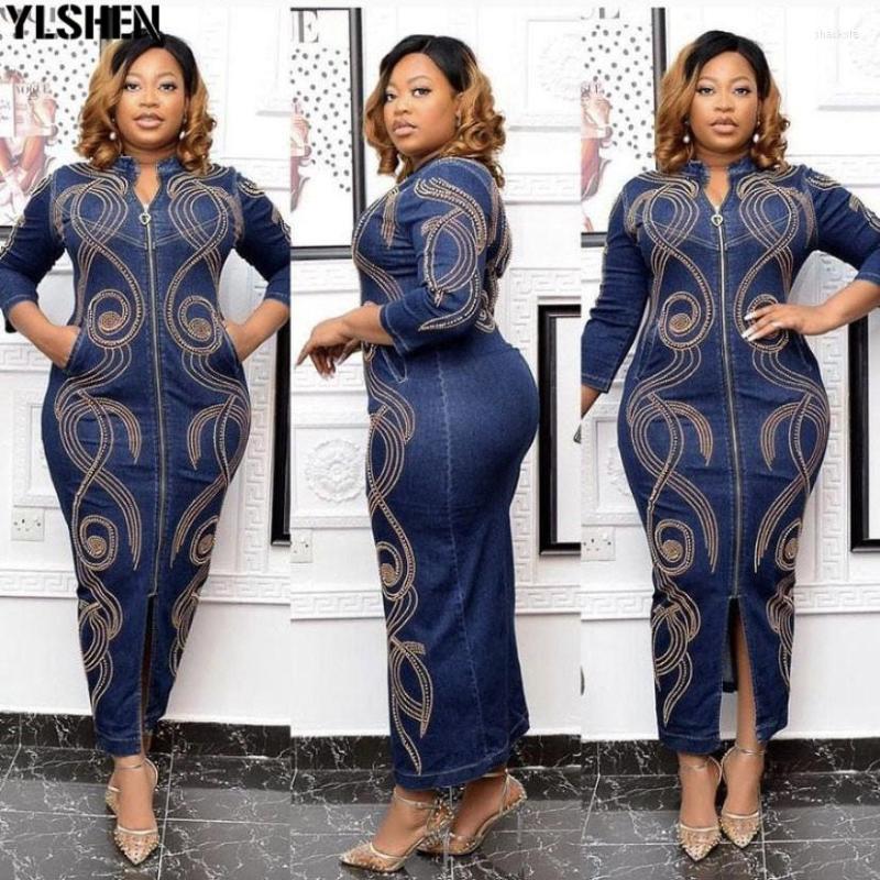 

Ethnic Clothing Elastic Denim Long Maxi Dress African Dinner Dresses For Women Beaded Abaya Dubai Dashiki Vetement Femme 2023 Clothes