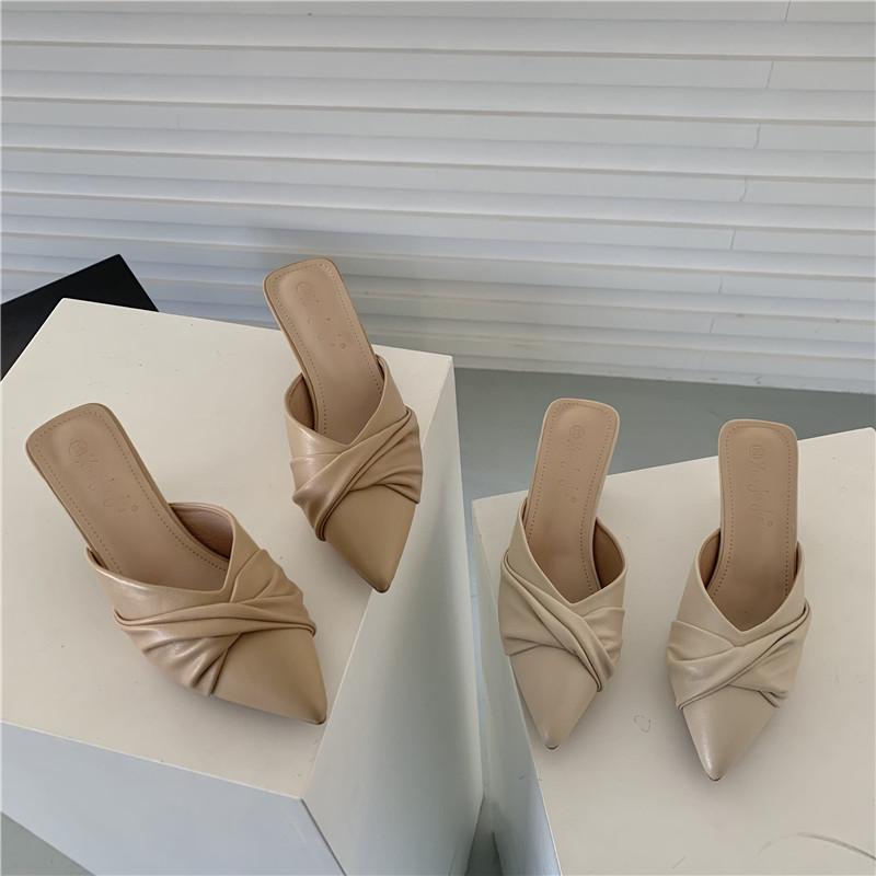 

Sandals Korean Style Bow Women's Mules Solid Color Pointed Toe Thin Medium Heel High Heels Pullover SandalsSandals, Brown