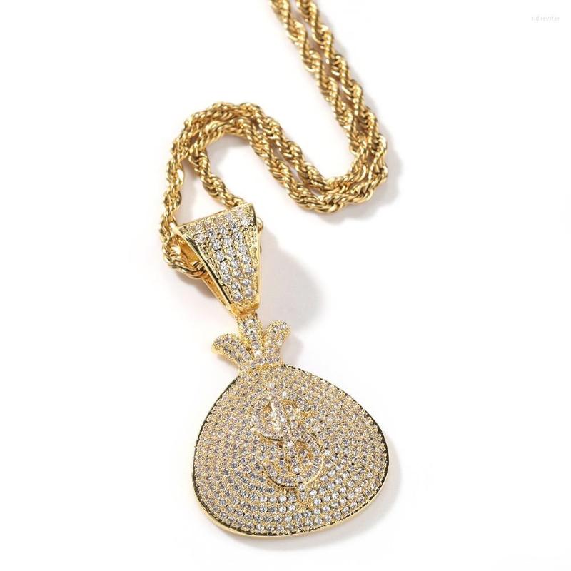 

Pendant Necklaces Hip Hop Dollar Money Bag Necklace Shining Zirconia 18K Gold Plated Men Women Couple Gift