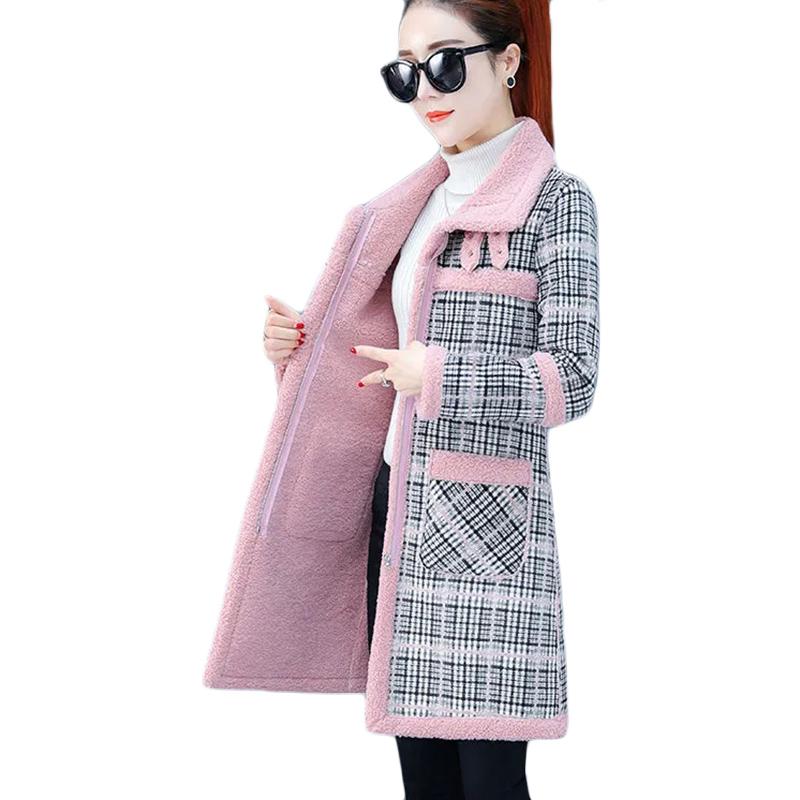 

Leather New Winter Lamb Wool Woolen Coat Thick Plus Velvet Warm Cotton Coat Women Long Grid Parker Overcoat Quilted Jacket Trench Coats, Apricot