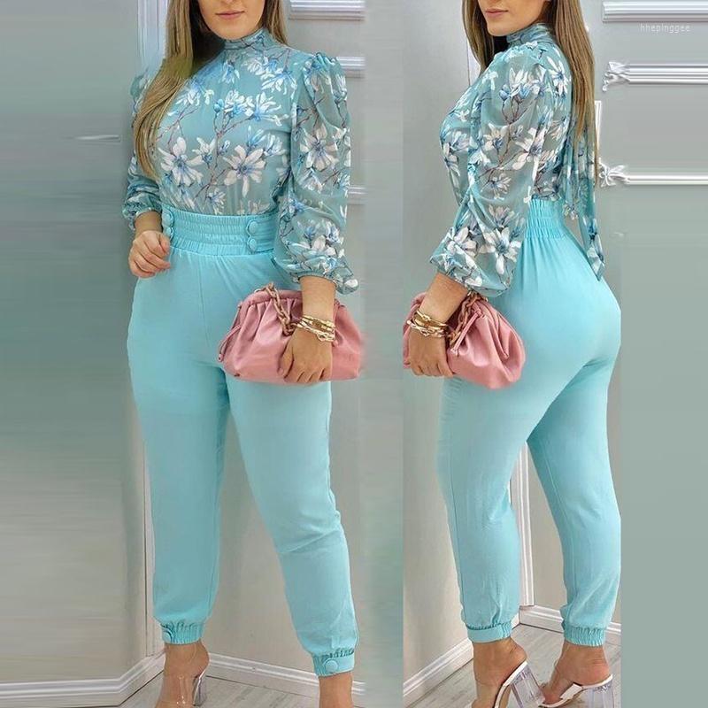 

Women' Two Piece Pants Long Sleeve Blouse With Suit Sets Print Summer Women Style Waist Material Decoration Origin Gender Season Fit Type, Sky blue